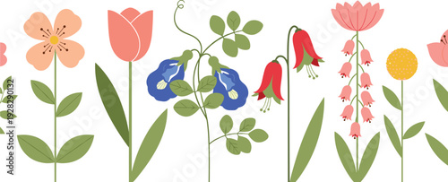 Colorful botanical illustration featuring diverse flowers in modern flat style, vibrant floral arrangement with tulip, bell blooms, pea vine, and decorative garden plants