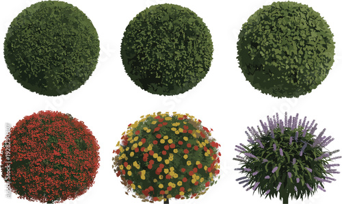 Top-down ornamental shrub and flowering bush vector set, spherical hedges in green and autumn colors, floral topiary, landscaping assets, garden design elements