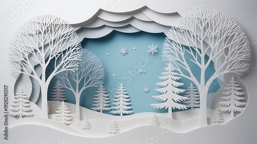 Intricate paper cut art depicts a serene winter forest landscape