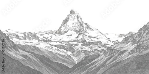 Vintage hand drawn engraving style illustration of the matterhorn mountain peak in the swiss alps, majestic landscape vector art