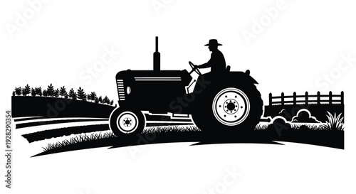 A black and white illustration depicts a farmer driving a tractor through a field a striking silhouette