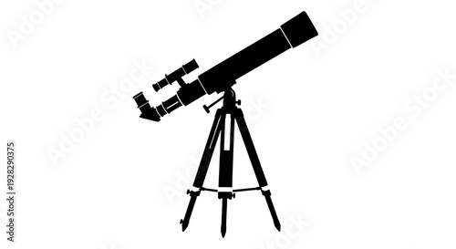 Telescope silhouette with tripod and adjustable eyepiece on white background featuring astronomy, education,