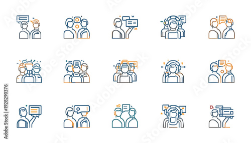 A set of vector icons depicting people communicating and interacting with each other in various ways.