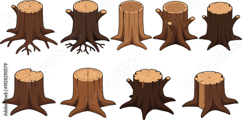 Tree stump vector set, rustic sawn logs and root stubs, cross-section wood rings, natural decay textures, forestry elements for game art and illustration