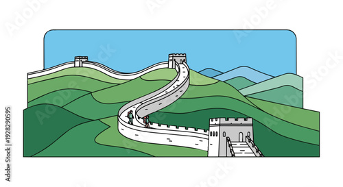 Flat 2D illustration of the Great Wall of China winding through green hills and mountains with a clear blue sky in the background, a famous travel landmark.
