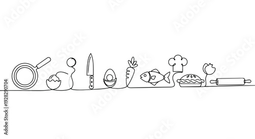 Continuous line drawing of various cooking utensils and food items in a horizontal pattern on a white background.
