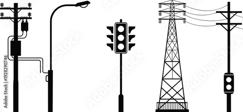 Urban street infrastructure silhouettes vector set with utility poles, traffic signal, streetlight, and power transmission tower icons