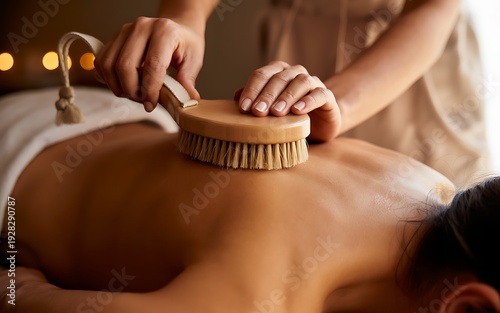 A woman receiving a dry brushing massage on her back in a spa
