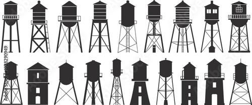 Water tower silhouette icon set, urban infrastructure storage tanks, vintage industrial landmark structures, black and white vector collection