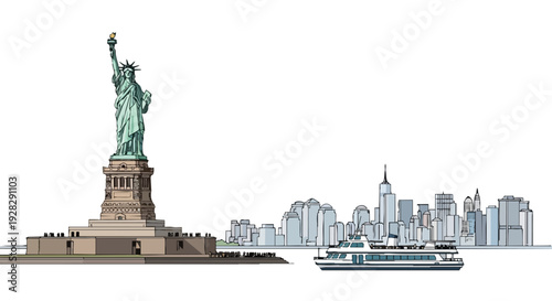 Flat 2D illustration of the Statue of Liberty and Manhattan skyline with a touristic ferry boat in a famous travel landmark setting.