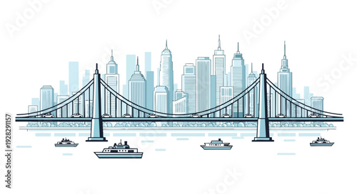 Flat illustration of a city skyline with a suspension bridge and boats on the water against a horizontal city life concept background.