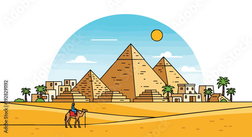 Flat 2D illustration of a desert landscape with pyramids, a camel, and touristic landmarks under a sunny sky with a travel-inspired vector design.
