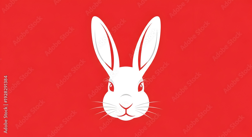Obraz premium A minimalist white rabbit head illustration on a red background.