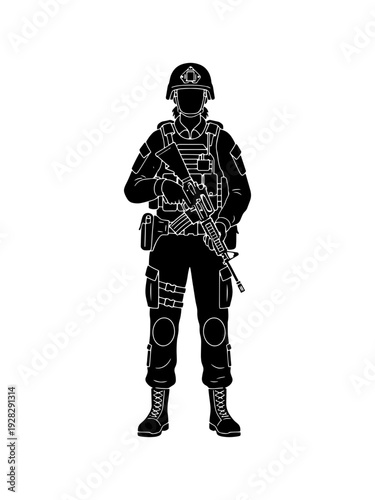 Detailed black and white vector silhouette of a modern soldier in tactical uniform holding a rifle. Perfect for military-themed designs, gaming, and security branding.