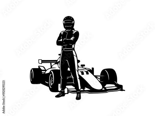 High-contrast black and white vector graphic of a professional race car driver standing with arms crossed in front of a formula racing car. Ideal for sports and automotive branding.