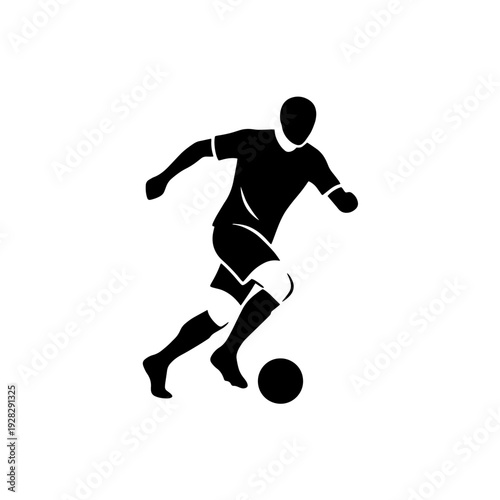 Professional black vector silhouette of a male soccer player in action, dribbling a ball. Ideal for sports branding, football club logos, and athletic graphic designs.