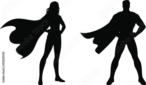 Silhouettes of a man and a woman with capes standing confidently against a white background superhero