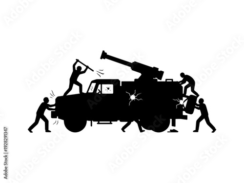 A black silhouette illustration depicting anarchist protesters vandalizing and attacking a riot control water cannon truck during violent civil unrest and social rebellion.