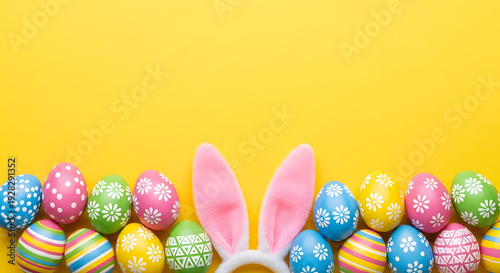 A vibrant easter display with decorated eggs and bunny ears on a bright yellow background.
