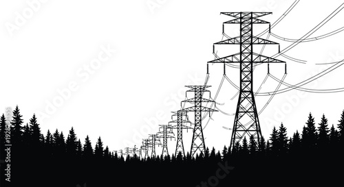 High voltage power transmission towers stretching thr