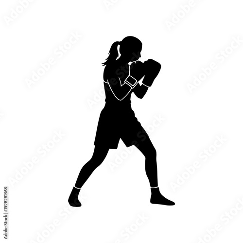A professional black silhouette of a female boxer with gloves in a sparring stance, isolated on a white background. Perfect for fitness, sports, and martial arts designs.