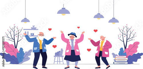 Happy Senior Citizens Dancing Together in a Cozy Living Room with Red Hearts and Decorative Plants Flat Vector Illustration for Retirement Lifestyle