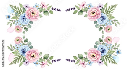 Beautiful floral wreath with pink and blue roses on white background