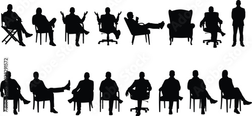 Large collection of black silhouettes featuring men and women sitting in various chairs and armchairs in different relaxed and professional poses for interior design concepts.