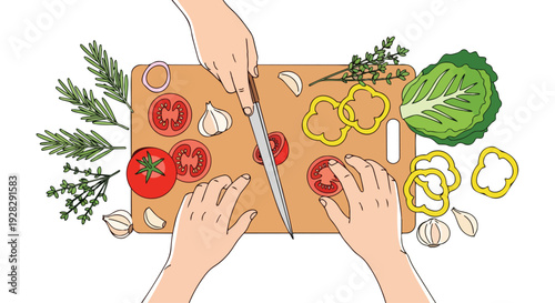 Hands cutting vegetables on a wooden board with a knife, displaying a pattern of continuous lines in a horizontal cooking scene.