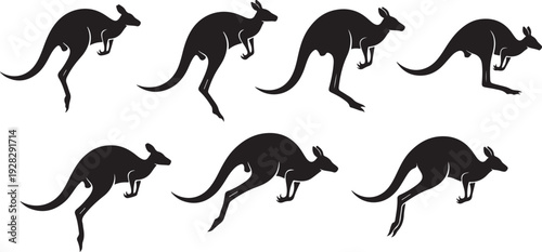 Group of kangaroo silhouettes in various poses on a white background