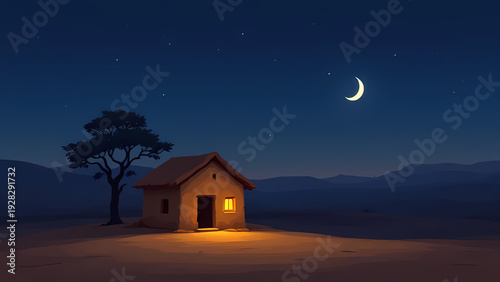 Wallpaper Mural Cartoon Background Small, humble house lit by a warm glow from the window under a starry night sky with a crescent moon. Torontodigital.ca