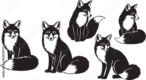 Five stylized black and white foxes sitting on tree stumps in a row