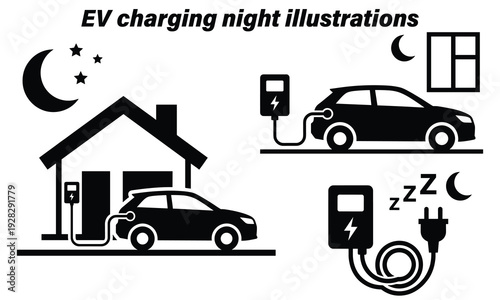 Electric vehicles charging at night with moonlight