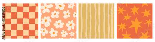 Hand drawn retro seamless pattern in 70s style. Distorted checkered, warped streaks, stars, flowers doodle. Uneven checkered drawn with pencil, trendy style. For printing, fabrics, tableware, wrapping