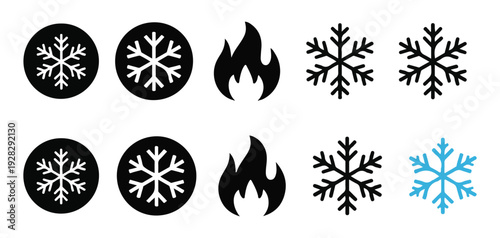 Black fire flame and snowflake icon collection for graphic design elements. vector illustration eps 10