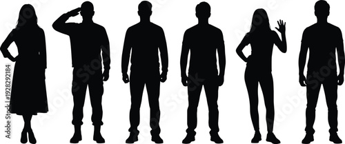 Black silhouettes of diverse men and women in various standing poses including saluting and waving isolated on white background for community and people concepts