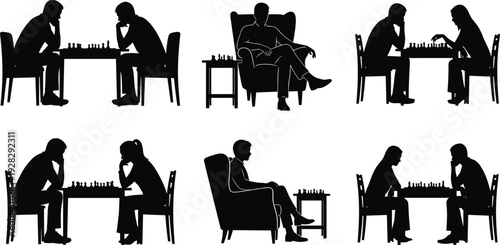 Black silhouettes of people playing chess at tables and relaxing in armchairs isolated on white background for strategy leisure competition and mental hobby concepts(24 words)