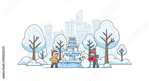 Flat 2D illustration of two children building a snowman in a snowy city park with trees and a fountain in the background.