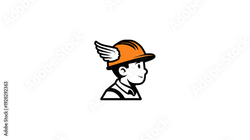Graphic illustration of a young boy in an orange hard hat with wings, representing speed, safety, construction, and rapid delivery.
