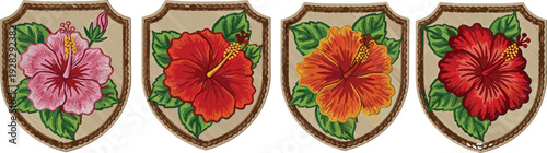 Set of four colorful tropical hibiscus flower patches with embroidered texture on vintage shields, floral summer badges for apparel design and beach theme travel