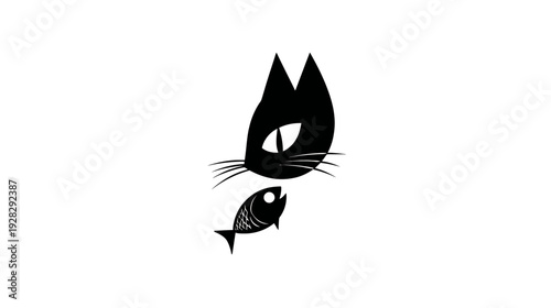 Stylized black cat head with bright, alert eyes observing a decorative small fish in a minimalist graphic illustration.