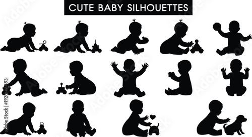 Set of Fourteen Cute Baby Silhouettes in Various Poses Crawling Sitting and Playing with Toys Isolated on White Background for Early Childhood Design