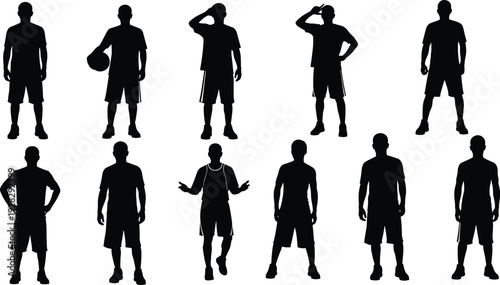 Black silhouettes of athletic men in various active standing poses including holding a basketball and saluting isolated on white background for sports and fitness concepts