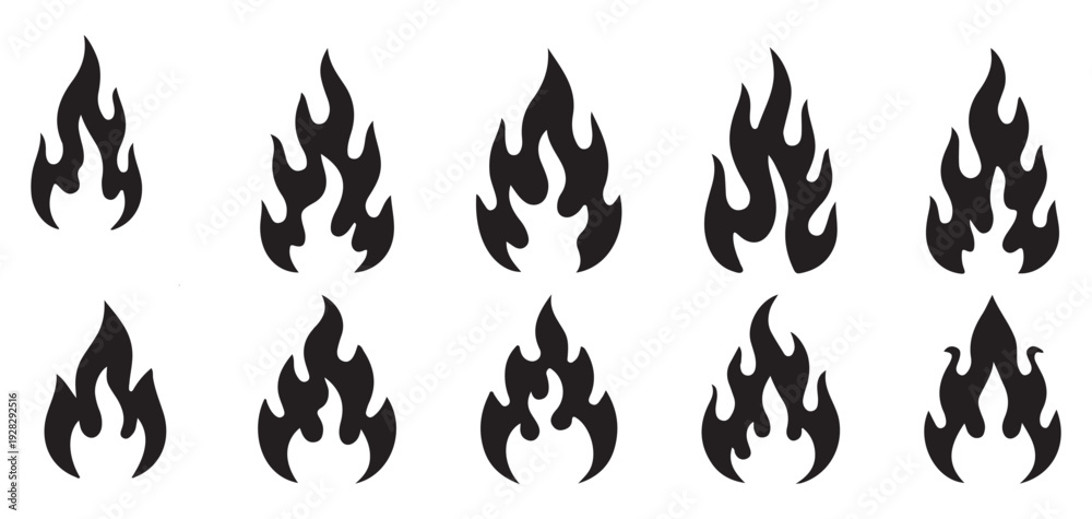 Naklejka premium Set of black fire flame and campfire icons isolated on white background. vector illustration eps 10
