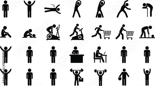 Set of Many Black Stick Figure Icons Featuring Various People Poses and Daily Activities Including Exercise Shopping Working and Standing for Graphic Design