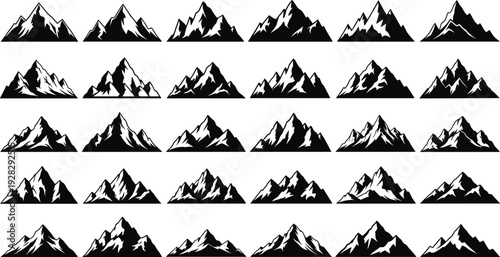 Set of High Altitude Mountain Peak Silhouettes with Snow Caps for Outdoor Adventure Logo Design Alpine Climbing Graphics and Wilderness Landscape Vector Illustration Templates