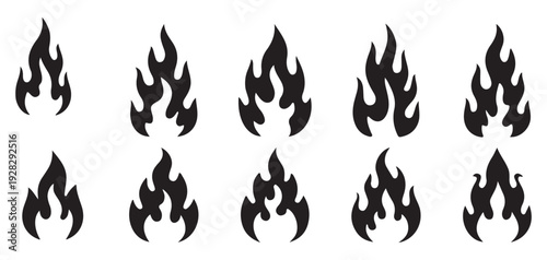 Set of black fire flame and campfire icons isolated on white background. vector illustration eps 10
