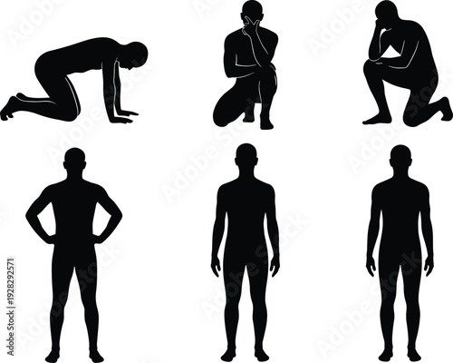 Black silhouettes of men in diverse physical poses including standing kneeling and crawling on floor isolated on white background for medical and fitness concepts