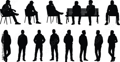 Black silhouettes of people sitting on chairs and benches mixed with standing casual poses isolated on white background for architectural scale and urban design