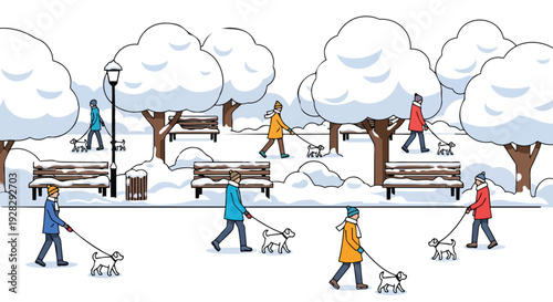 Flat 2D illustration of people walking dogs in a snowy city park with trees and benches.